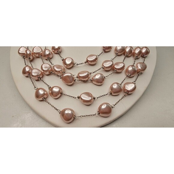 Multi Strand Pink Faux Pearl Silver Chain Beaded Layered Necklace 16" Adjustable - Picture 5 of 7